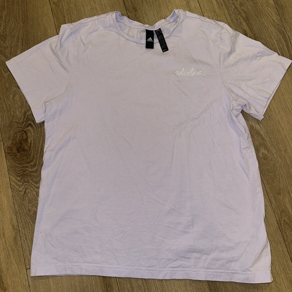 adidas Women's Short Sleeve Cursive Logo Tee Lilac Size‎ Medium Preowned - Picture 1 of 7